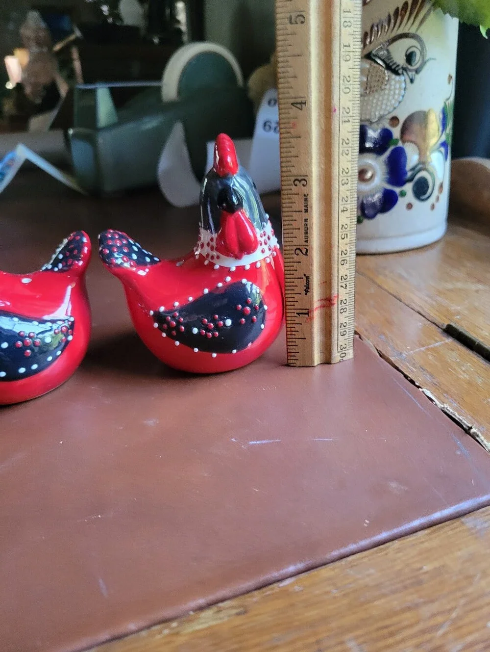 Ceramic Chicken Shaped Polka Dot Salt & Pepper Shakers Black White Red Set